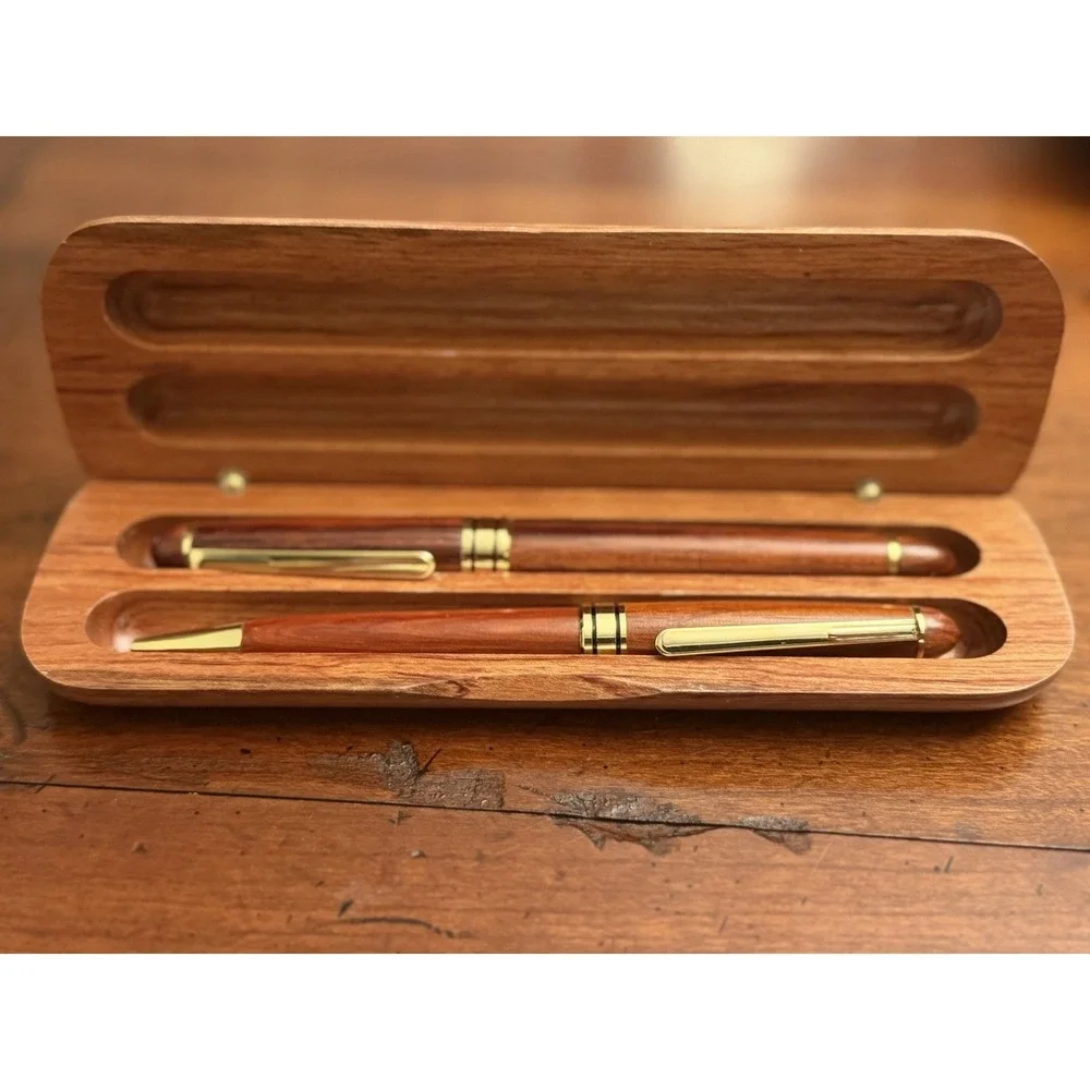 Vintage Rosewood Pen & Pencil Set w/Matching Wooden Display Case Gold Accents